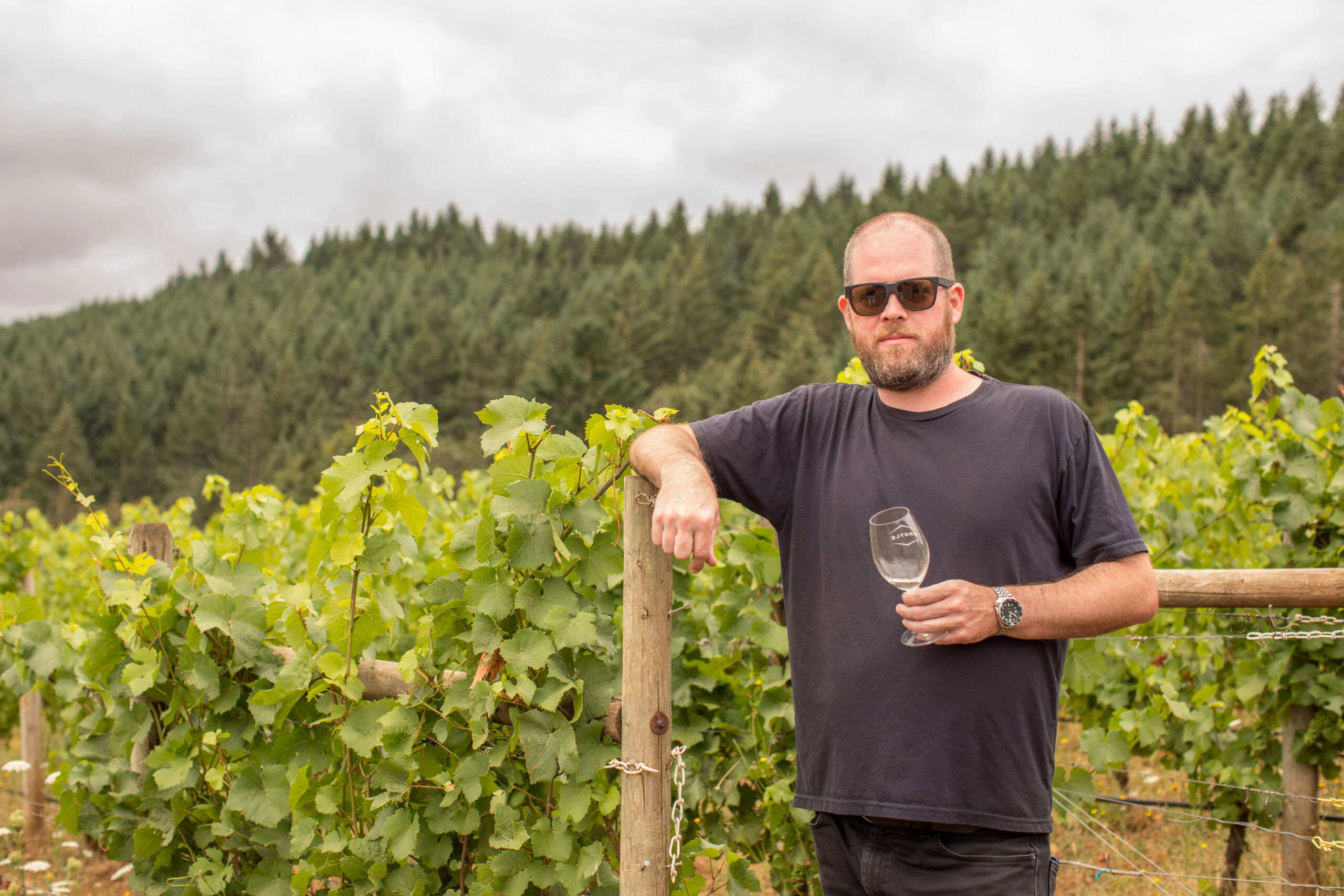 A man wearing sunglasses and a black t-shirt leans against a wooden fence in a vineyard. He holds an empty wine glass and stands in front of green grapevines with a forested hill in the background under a cloudy sky.