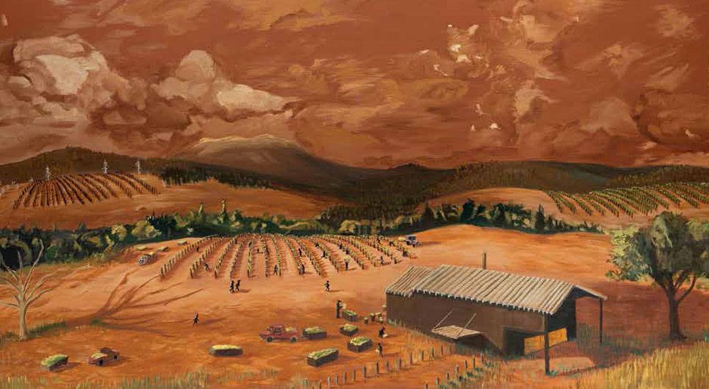 Painting of a rural landscape, featuring workers in fields harvesting crops. Various agricultural equipment and hay bales are scattered around. A large barn is in the foreground with trees and hilly terrain in the background under a cloudy sky.