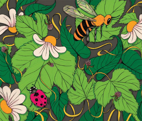 Illustration of green leaves, white flowers with yellow centers, a bee with yellow and black stripes, and a red ladybug with black spots against a dark background.