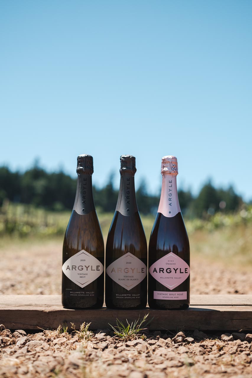 Three bottles of Argyle sparkling wine stand side by side on a wooden plank outdoors. Each bottle is labeled differently, with one pink-labeled and two black-labeled. In the background, there are green grapevines and a clear blue sky.