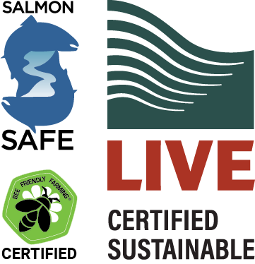 The image features three certification logos. The first is a blue salmon shape with 